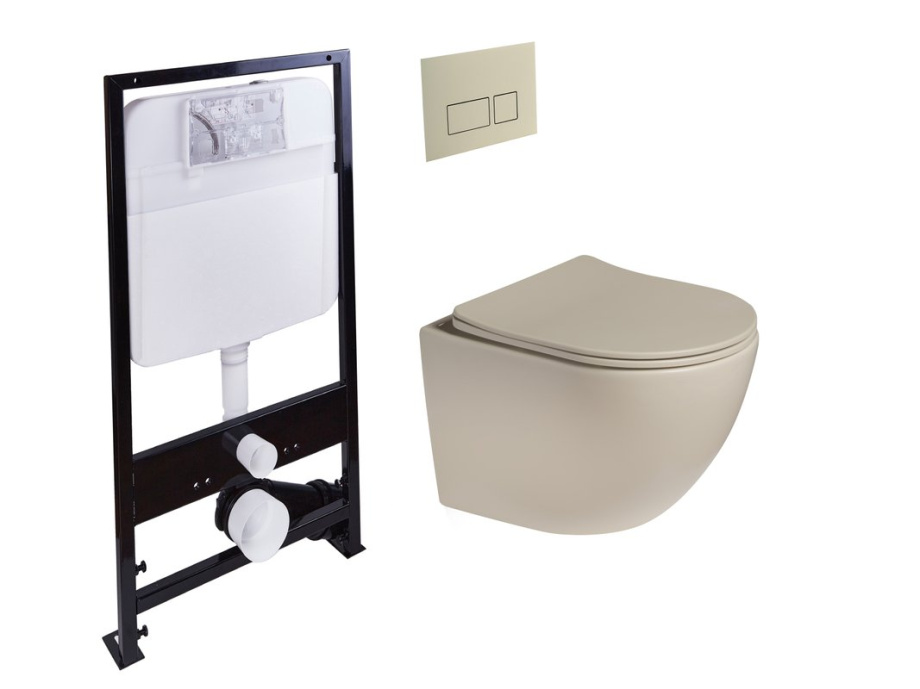 Унитаз подвесной SantiLine SL-5005T-BG+SL-01/BG с инсталляцией и кнопкой, светло-бежевый матовый