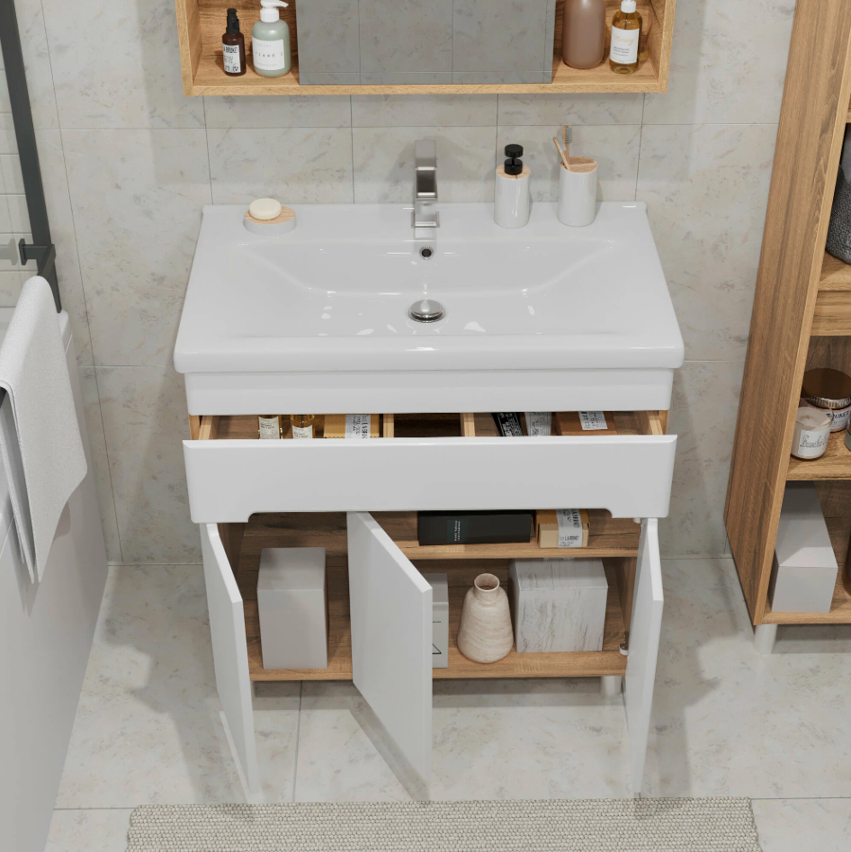 Тумба напольная SanStar Модена 80 с раковиной Фест 80, белая, дуб вотан