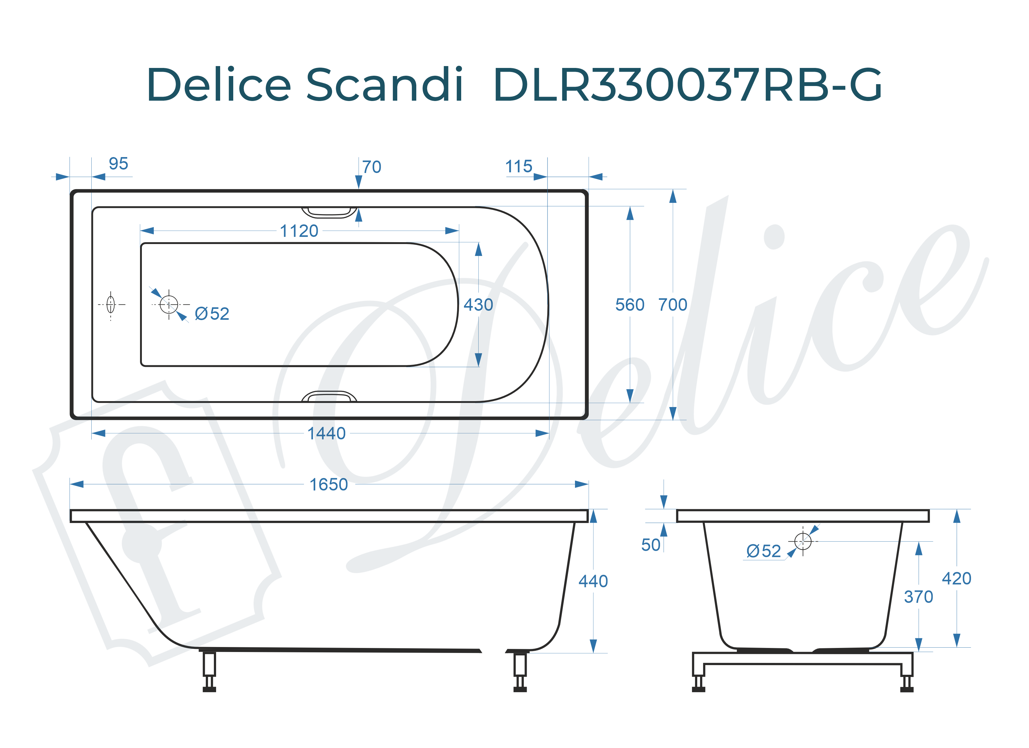 Ванна из литьевого мрамора Delice Scandi 165х70 глянцевая с черными ручками DLR330037RB-G