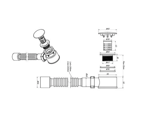 Сифон для душевого поддона Orio ДХ-502 11/2 х 50, высота 52 мм, с гибкой трубой 40-50