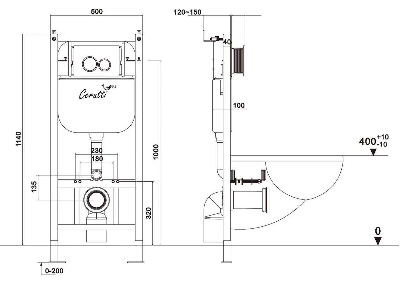 Инсталляция для унитаза Ceruttispa CR558, с рамой повышенной коррозионной стойкости
