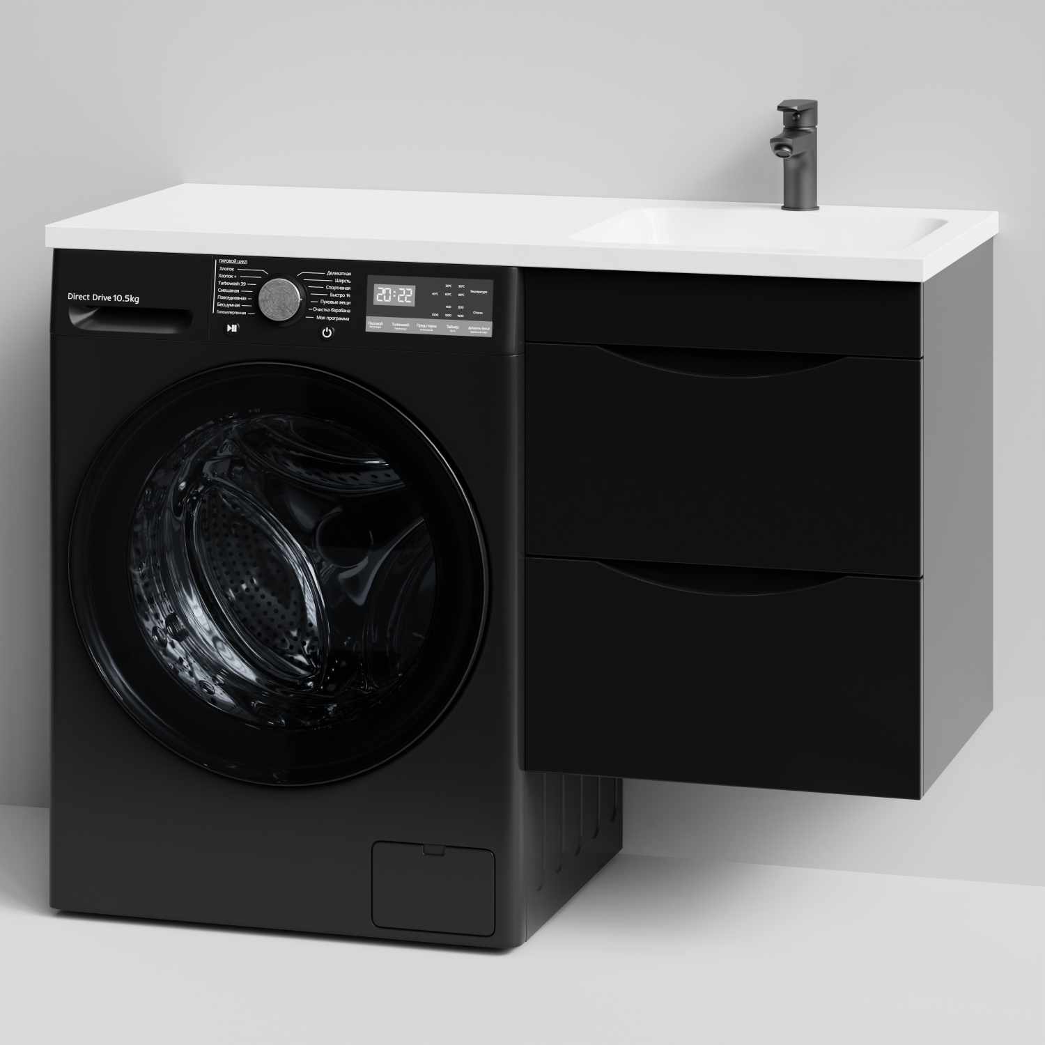 Тумба Vod-ok 48 с раковиной Смайл 110 подвесная, под стиральную машину, правая, черный глянец