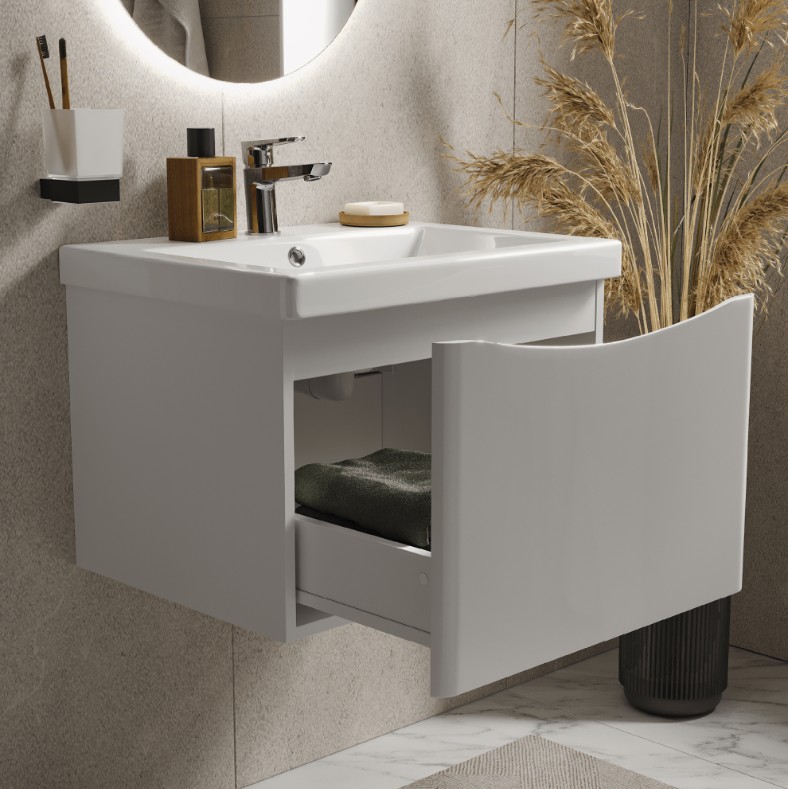 Тумба подвесная Vigo Glem 600-0-1 с раковиной Como 60, 1 ящик, белый