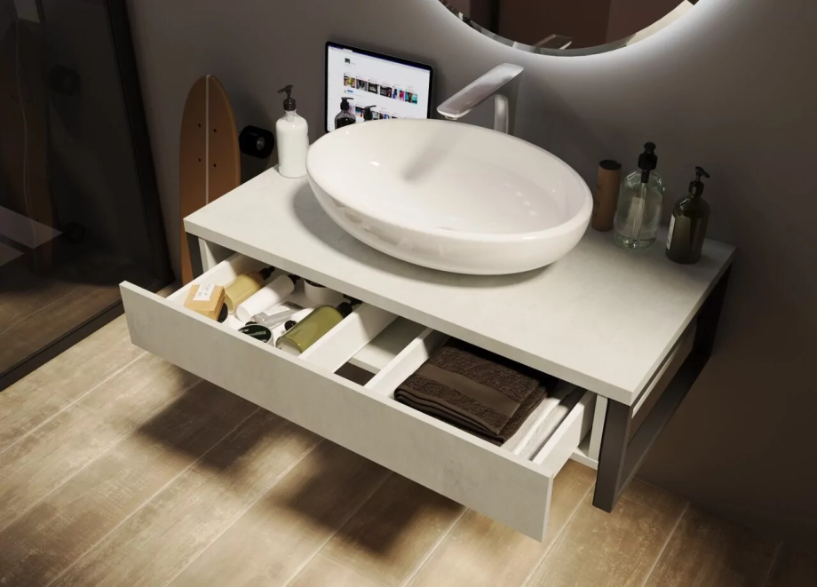 Тумба подвесная 1Marka Grunge loft 100П с раковиной Roll 53, 1 ящик, бетон светлый