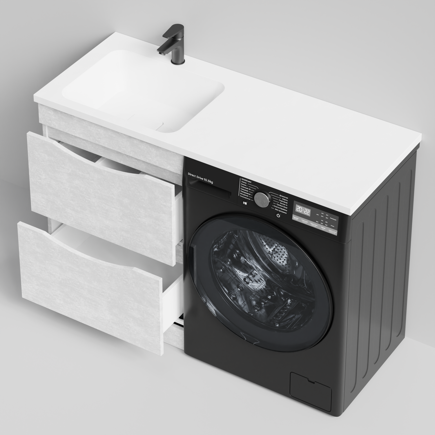 Тумба Vod-ok 58 с раковиной Смайл 120 напольная, под стиральную машину, левая, Белый камень