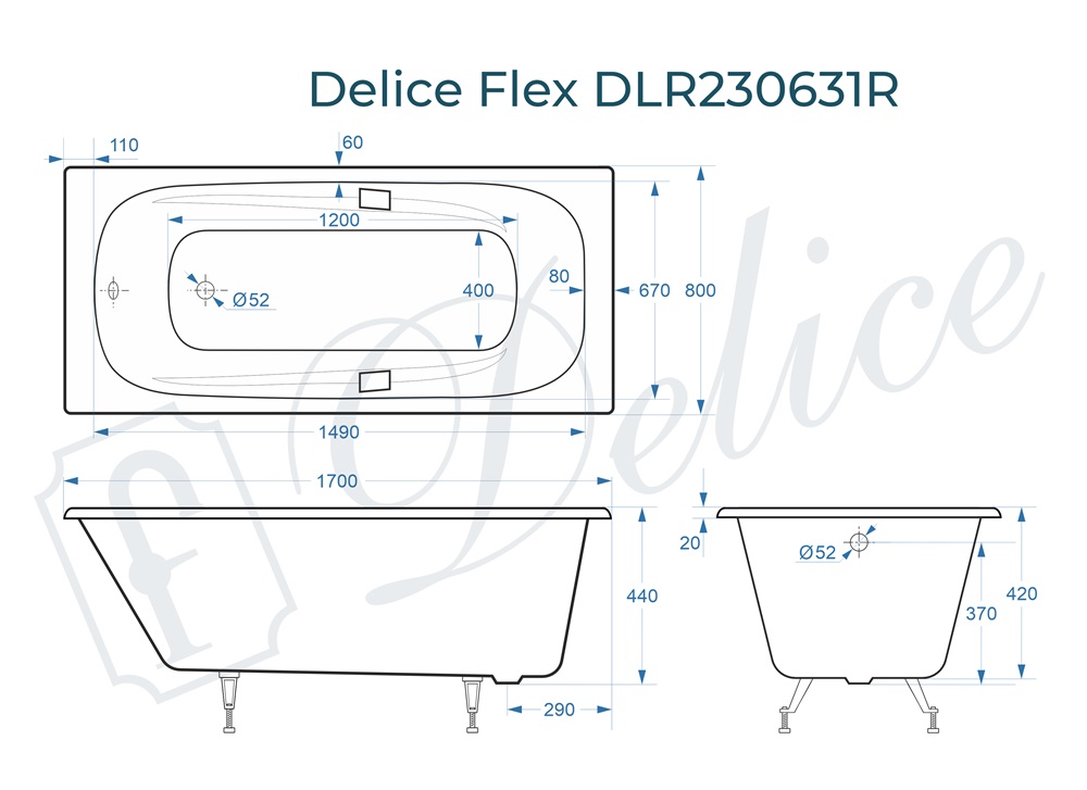 Ванна чугунная Delice Flex 170х80 DLR230631R с отверстиями под ручки