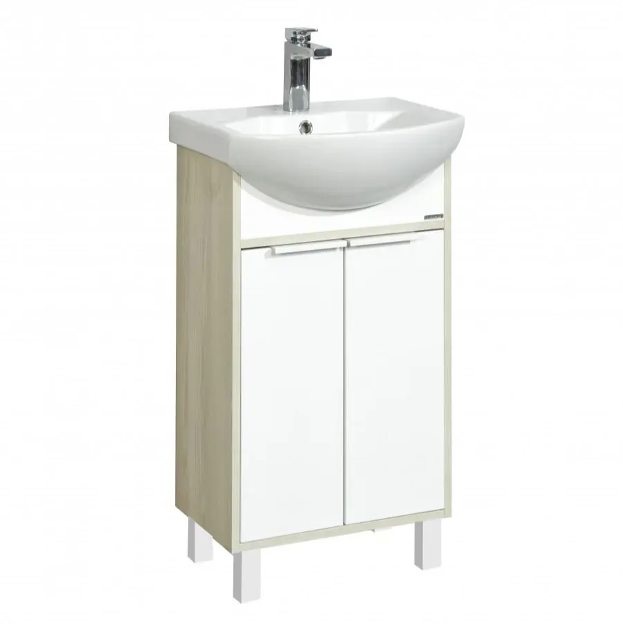 Тумба с раковиной Aquaton Рико 50 с раковиной Смайл 50 напольная, белый/ясень фабрик