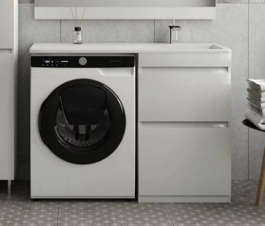 Тумба с раковиной Style Line Даллас 120 Люкс Plus ПВХ под стиральную машину, напольная, два ящика, правая, белая