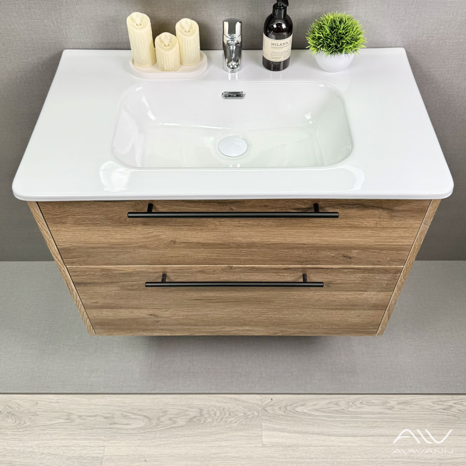 Тумба подвесная Alavann Rondo 80 с раковиной Rado 80, дуб