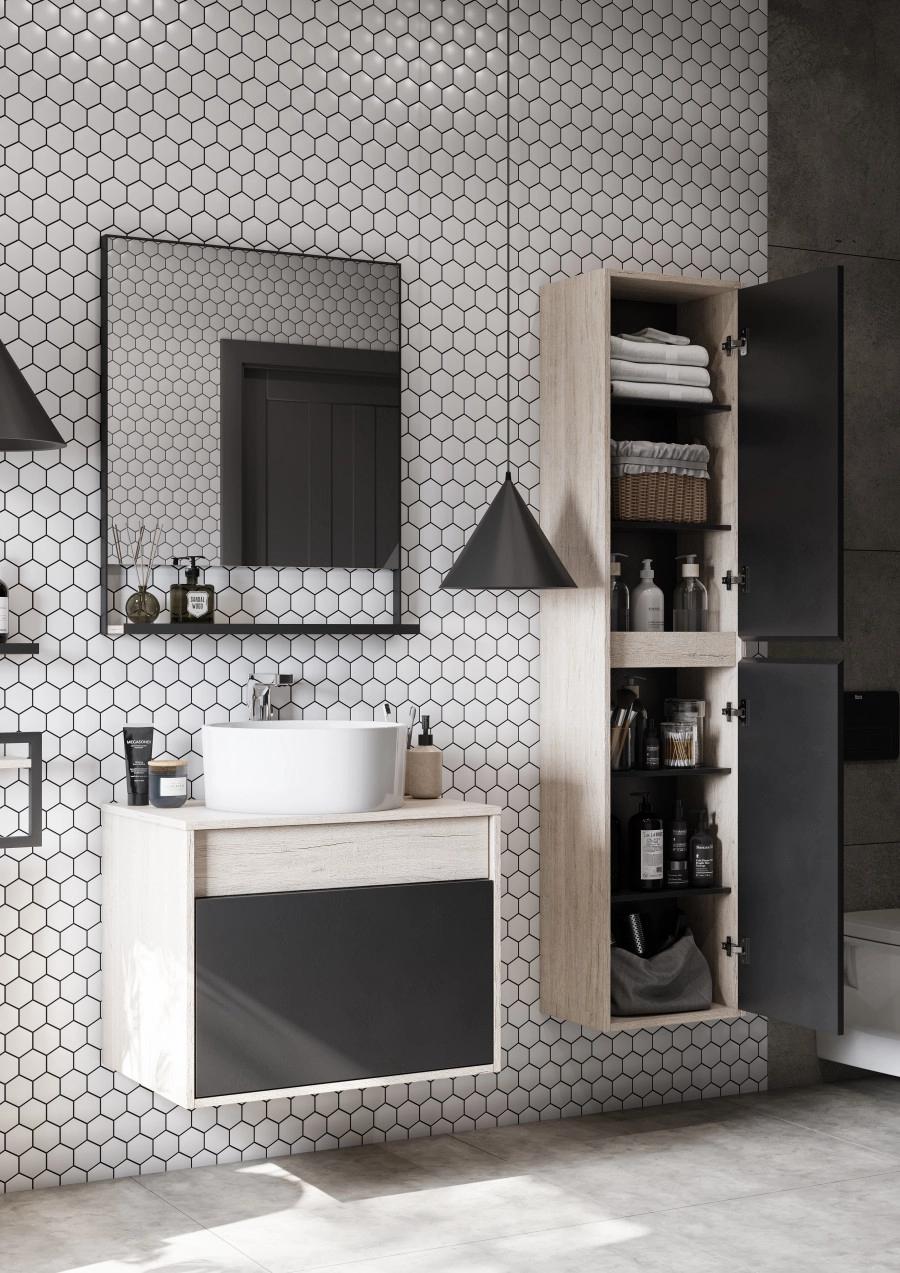 Тумба подвесная Aquaton Лофт Урбан 65 с раковиной MILA 35х50, серый графит, дуб орегон