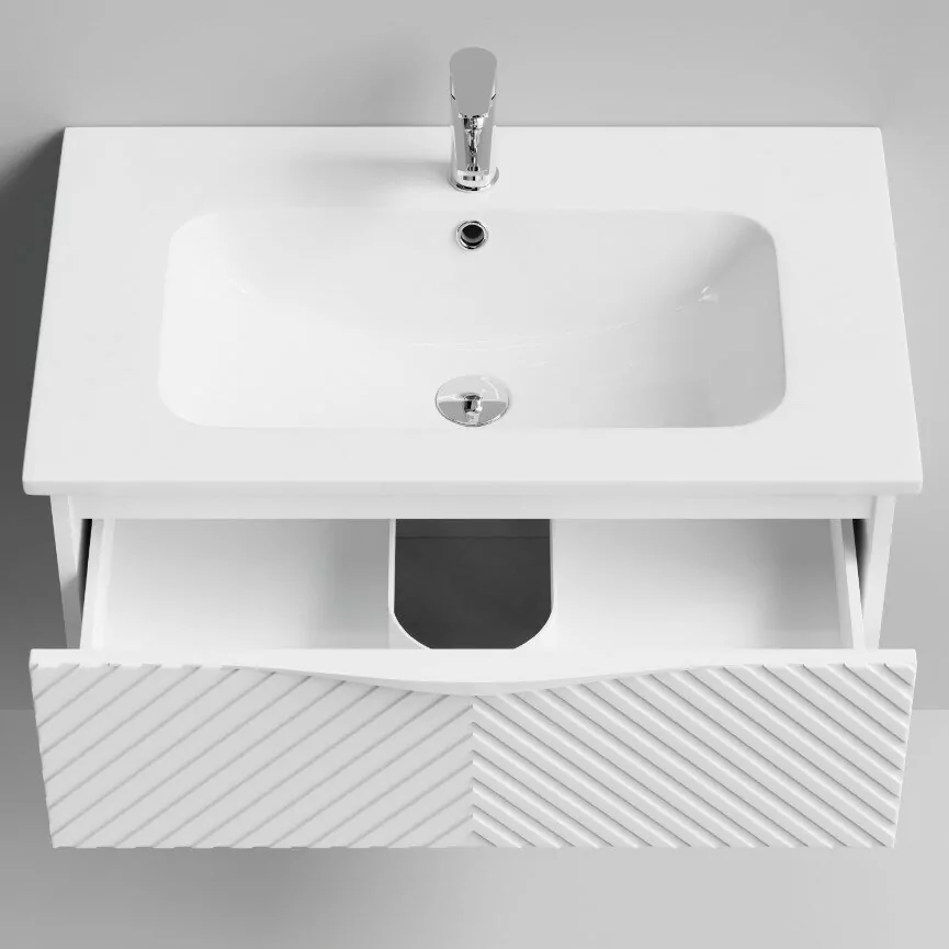 Тумба с раковиной Vod-ok Elite Эйфория 80 F4 елка крупная с ручкой, подвесная, два ящика, белый матовый