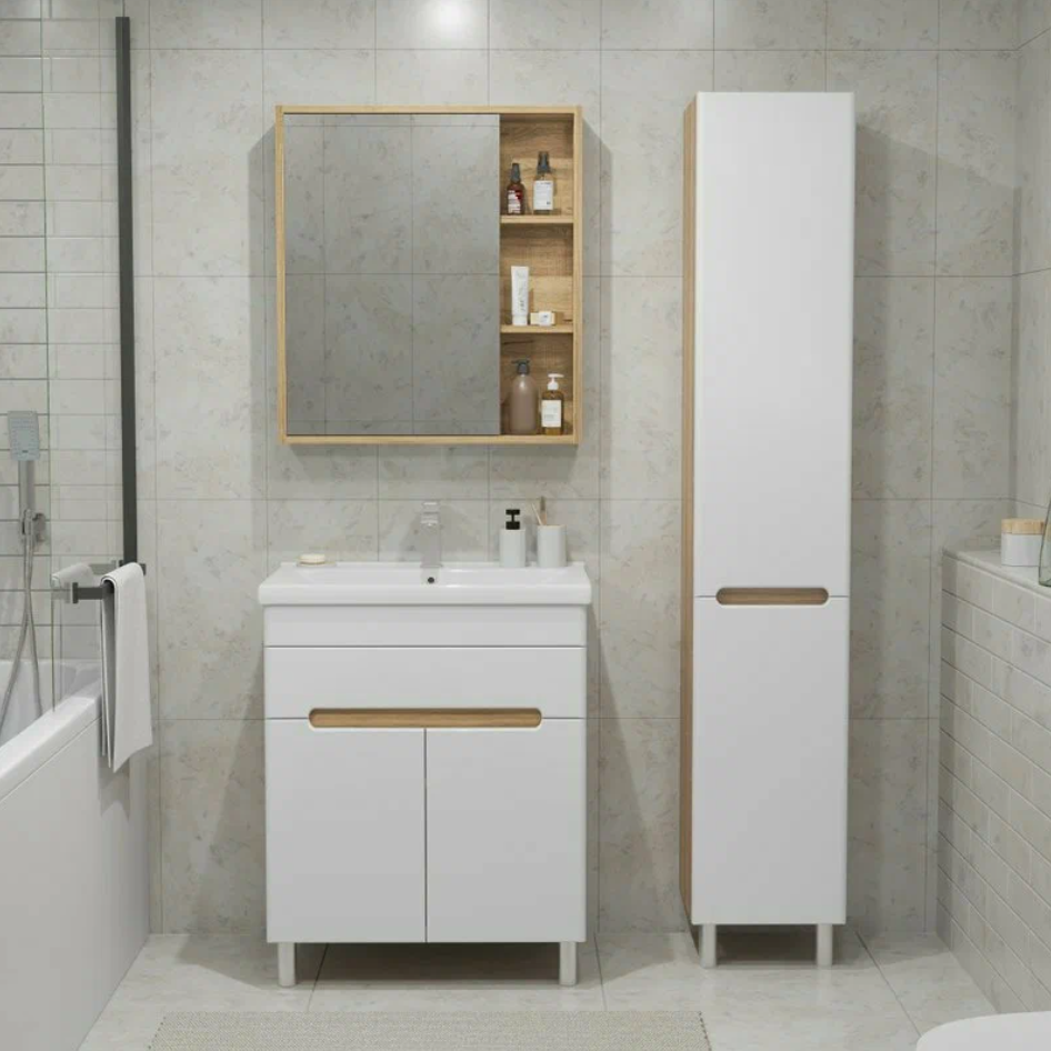 Тумба напольная SanStar Модена 70 с раковиной Миранда 70 белая, дуб вотан