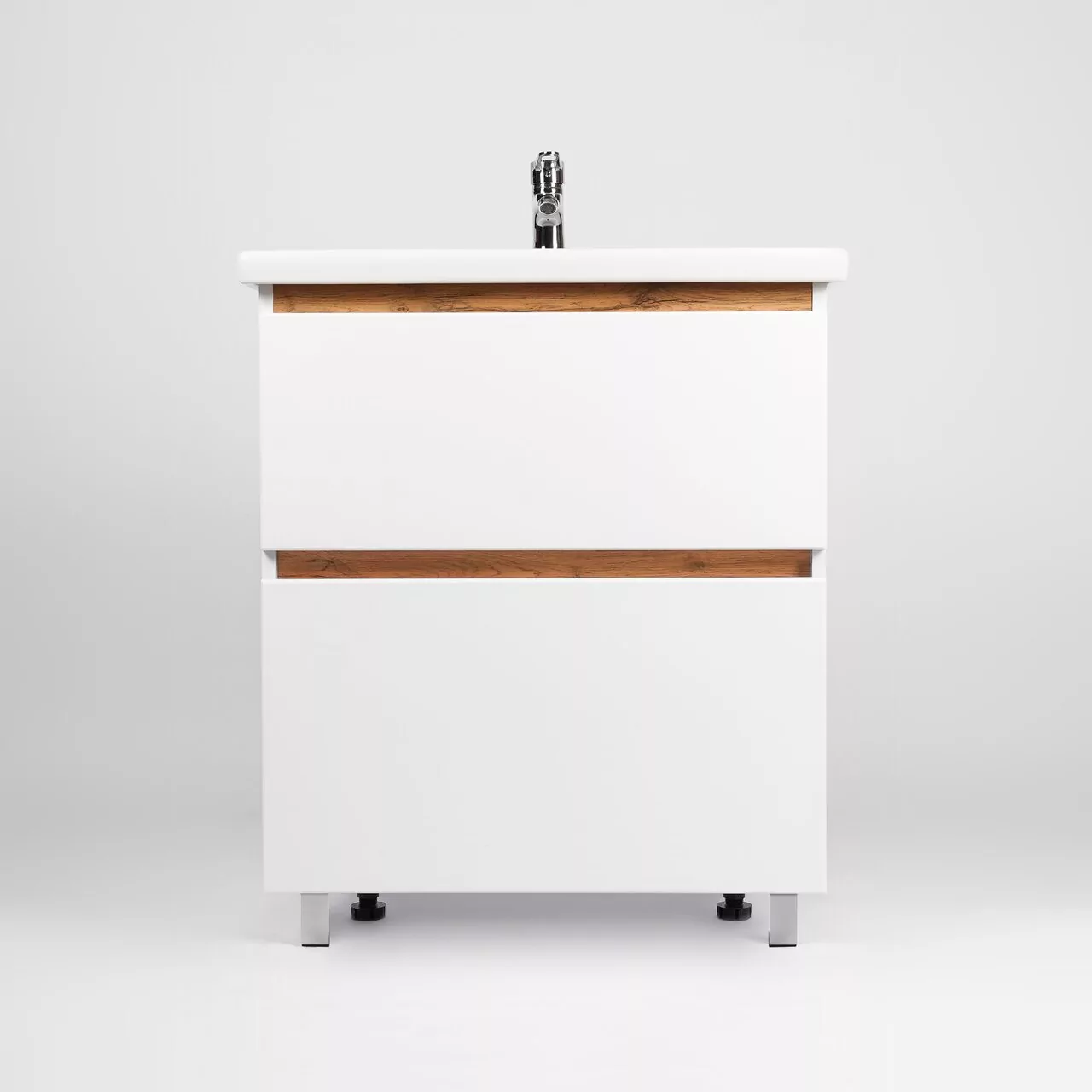 Тумба напольная Viant Мальта 70 с раковиной Como 70, два ящика, белый/дуб Вотана