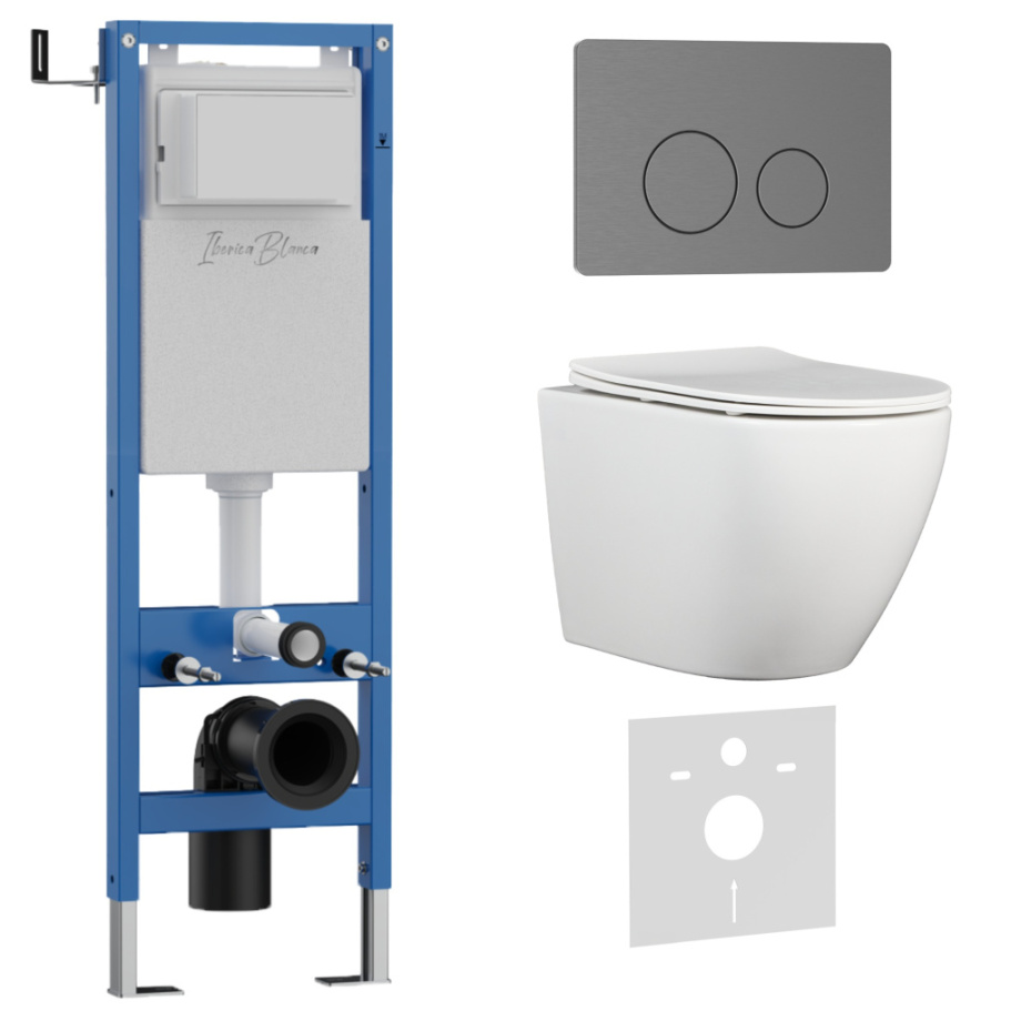Комплект 3в1 IBERICA BLANCA инсталляция SILENCIO MINI, унитаз BILBAO ALTO белый, кнопка смыва INOX-О вороненая сталь (IB.001M.BLA.234.8180)