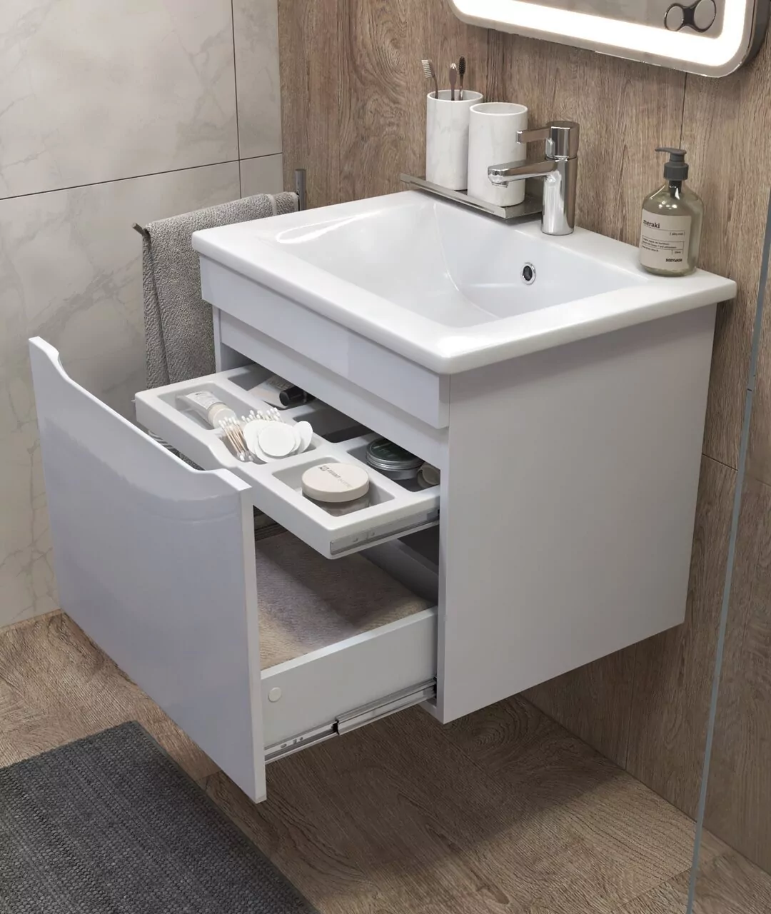 Тумба подвесная Vigo Grani 75 с раковиной Оскар 75, 1 ящик, белый