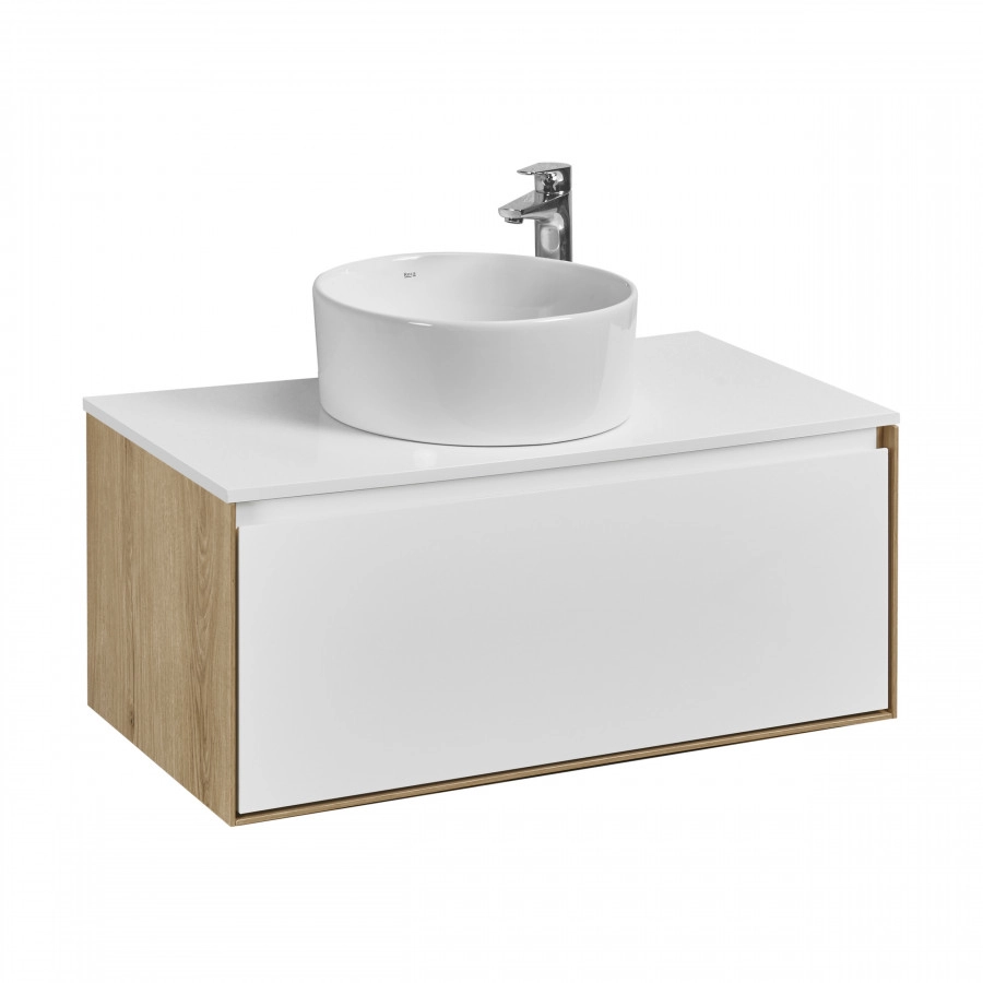 Тумба подвесная AQUATON Либерти 90, столешница белая, раковина MILA 40, дуб эльвезия