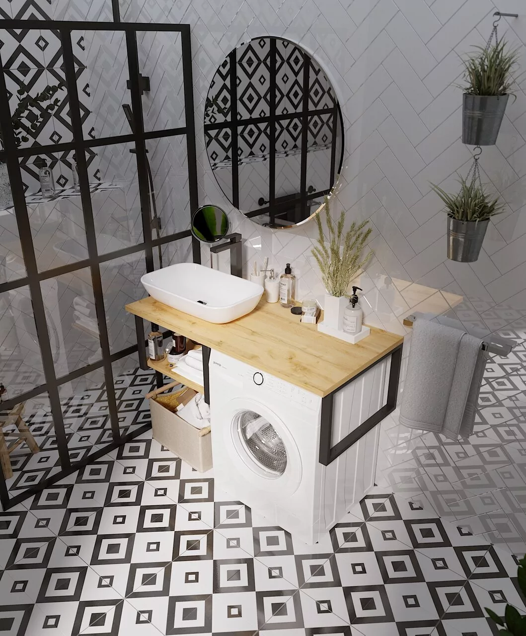 Столешница под накладную раковину 1Marka Grunge loft 120 на кронштейнах, под стиральную машину, дуб вотан