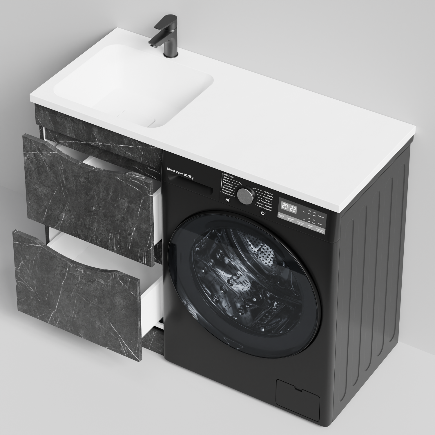 Тумба Vod-ok 48 с раковиной Смайл 110 напольная, под стиральную машину, левая, Мрамор Графит софт тач