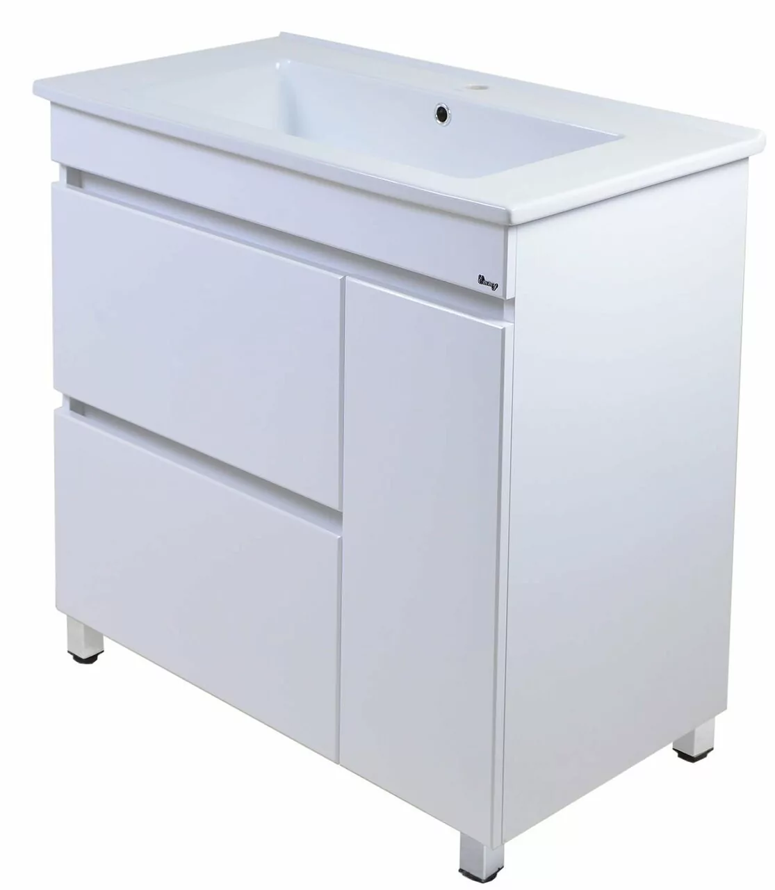 Тумба Emmy Джерси с раковиной Оскар 85 правая, напольная, 2 ящика, 1 дверь, белая