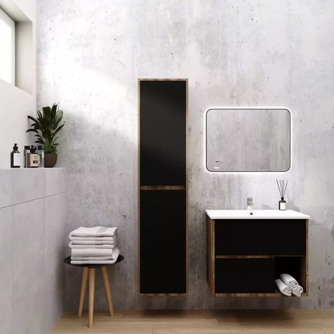 Тумба подвесная Viant Люксембург 75 с раковиной Элина 75, два ящика, черный/темное дерево