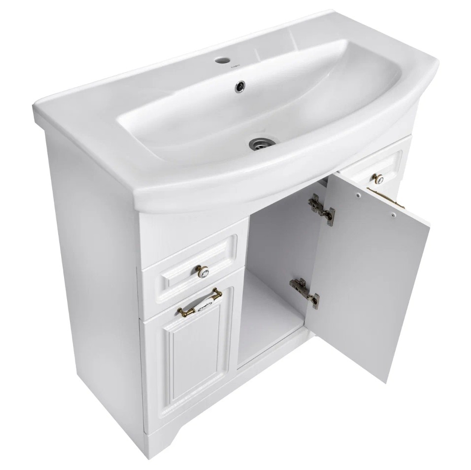 Тумба напольная Stella Polar Кармела 85 с раковиной Элеганс 85, 2 ящика, 3 двери, ольха белый