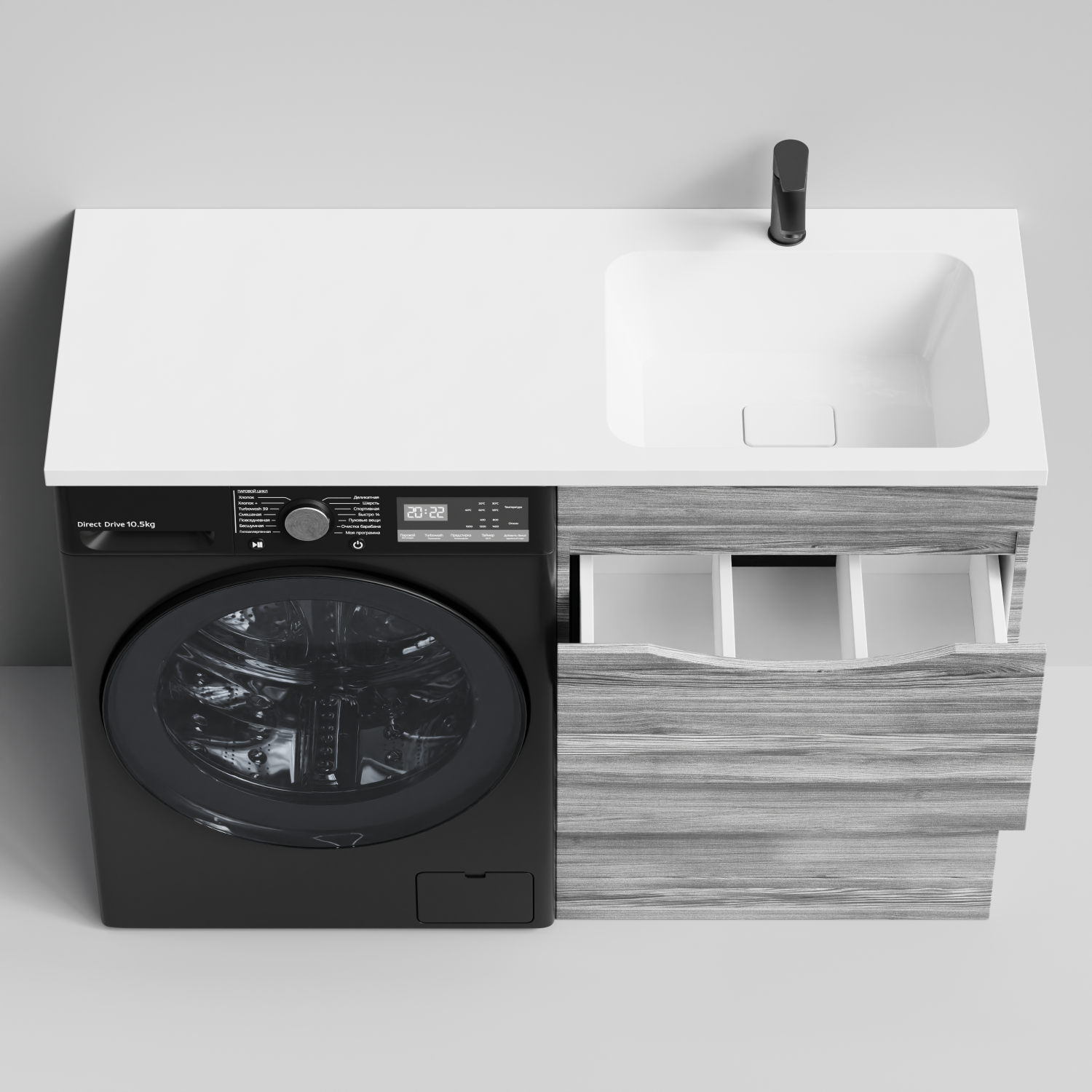 Тумба Vod-ok 68 с раковиной Смайл 130 подвесная, под стиральную машину, правая, Лиственница структурная контрастно-серая