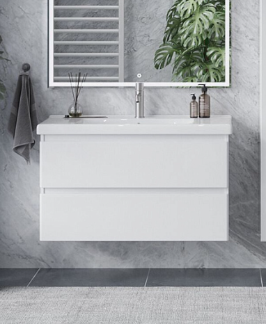 Тумба подвесная SanStar Riana 100 с раковиной Миранда 100 (комплект), белая