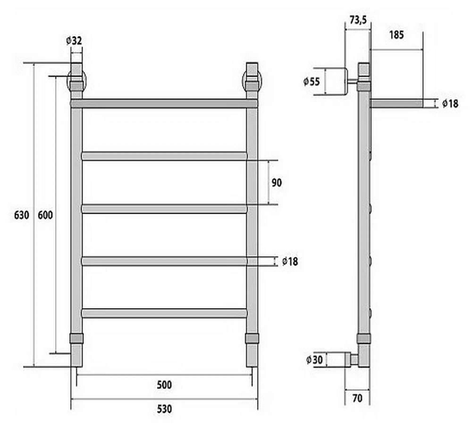 Полотенцесушитель водяной Energy Classic 600x500 черный матовый, тип "лесенка", нержавеющая сталь, подключение 3/4"
