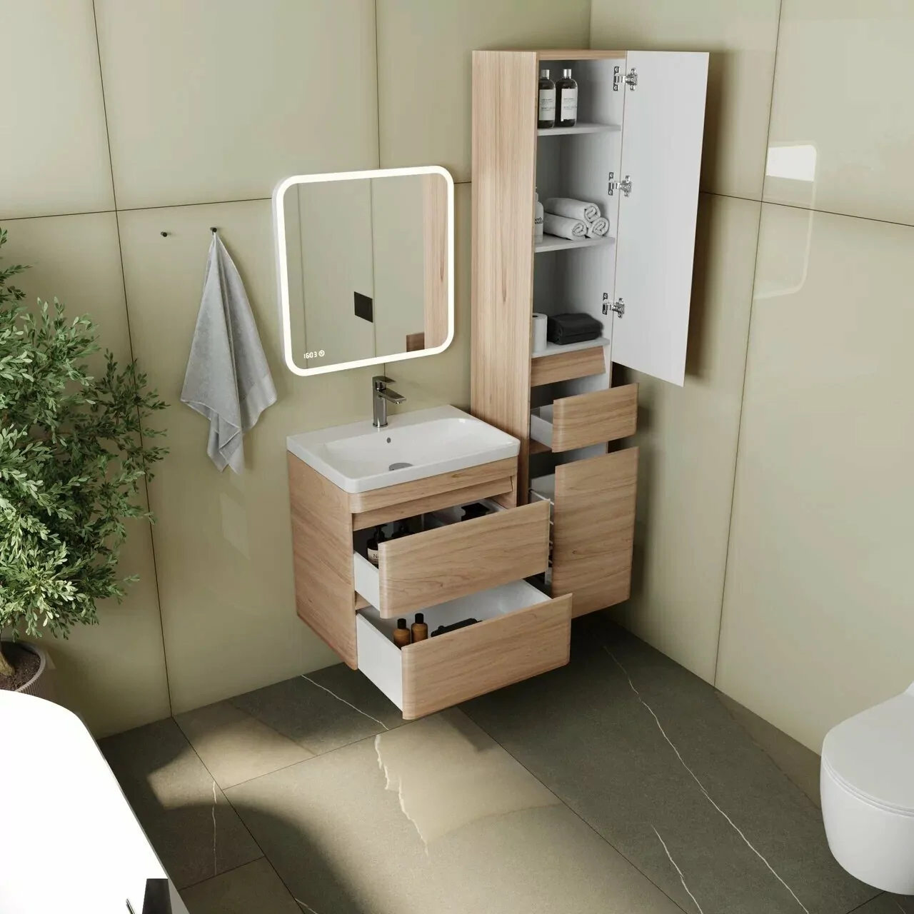 Тумба подвесная Style Line Атлантика 60 Plus Люкс с раковиной Атлантика 60, ясень перламутр