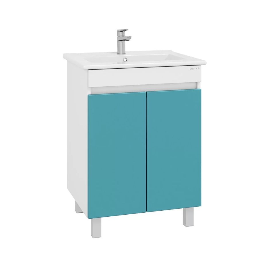 Тумба напольная Onika Марви 60 с раковиной Элина 60, бирюза/белый