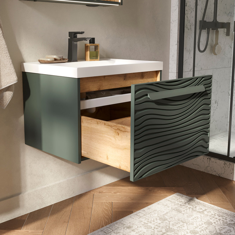 Тумба с раковиной EQUIL Gleam 60 подвесная, 1 ящик, зеленый камень/дуб вотан