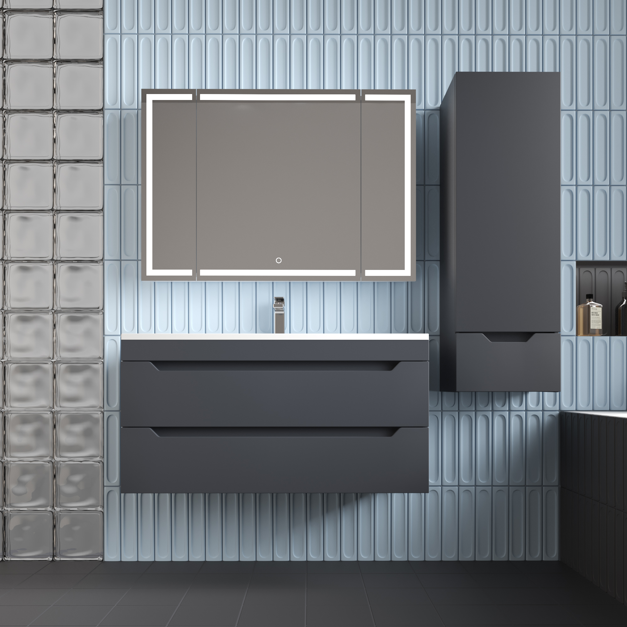 Тумба подвесная Style Line Остин 100 с раковиной Фортуна 100 серый шелк, графит