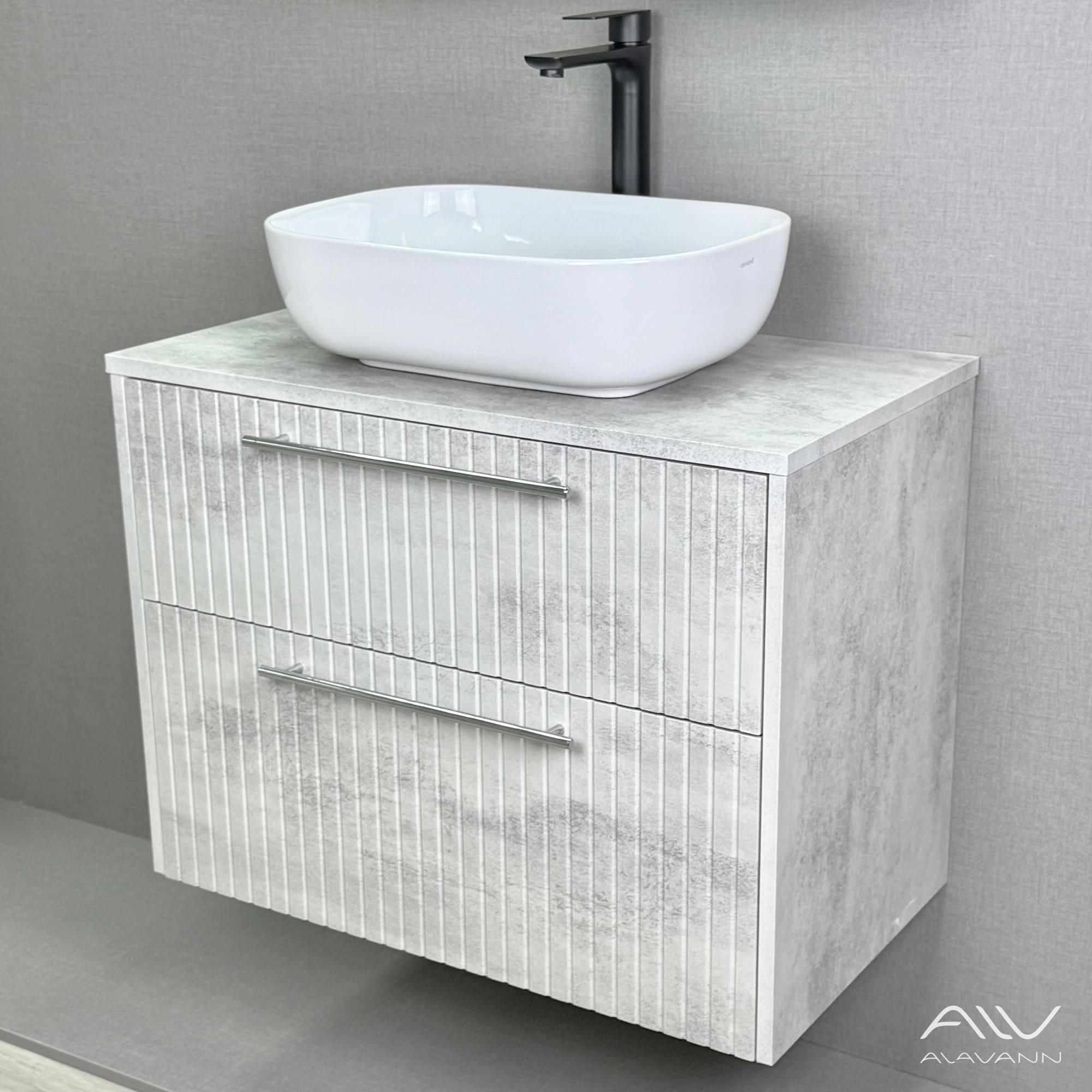 Тумба подвесная Alavann Emma 80 с раковиной Moduo 50 SQUARE, серый бетон