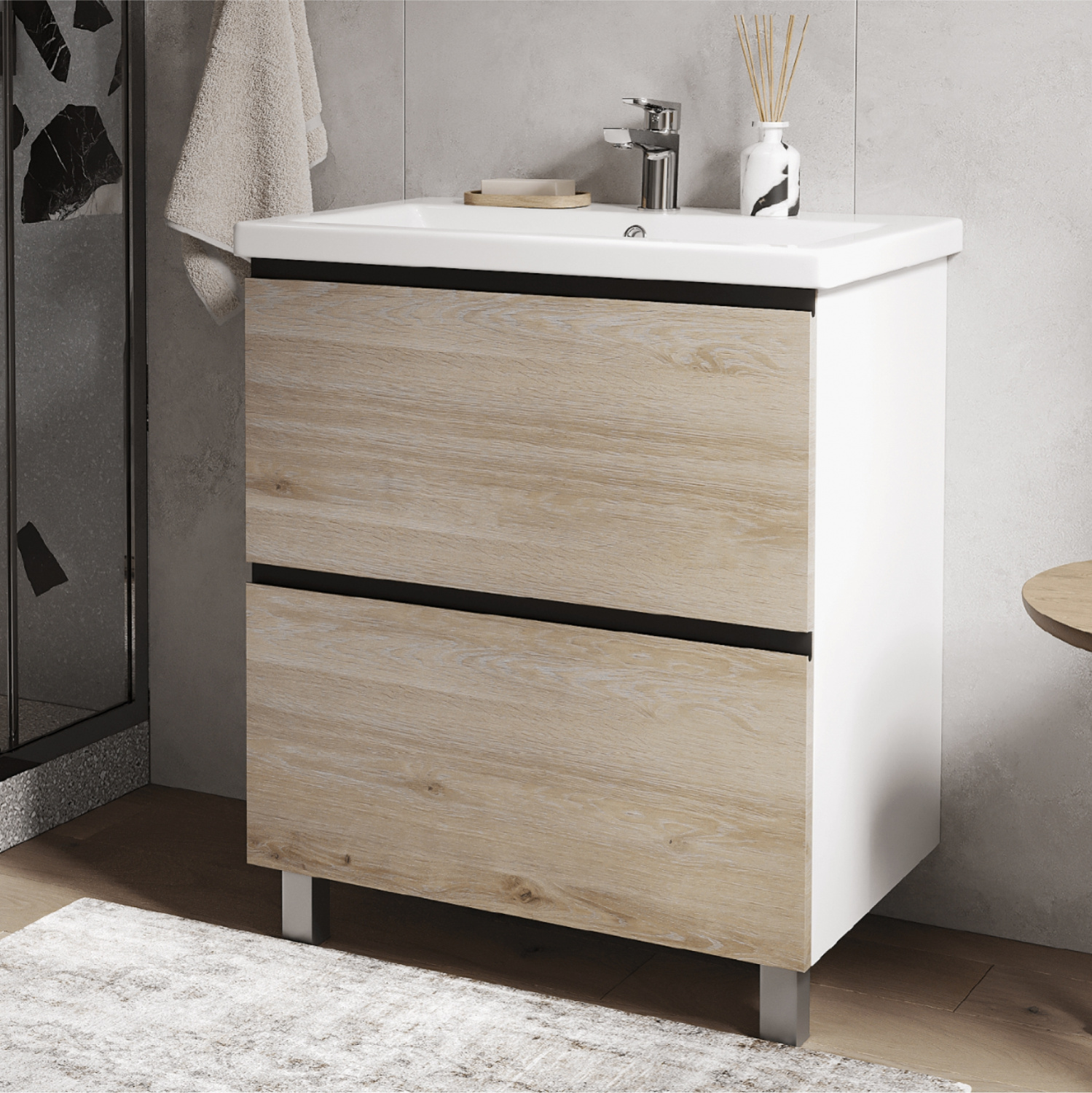 Тумба напольная Vigo Cross 800-0-2 с раковиной Como 80, 2 ящика, белый