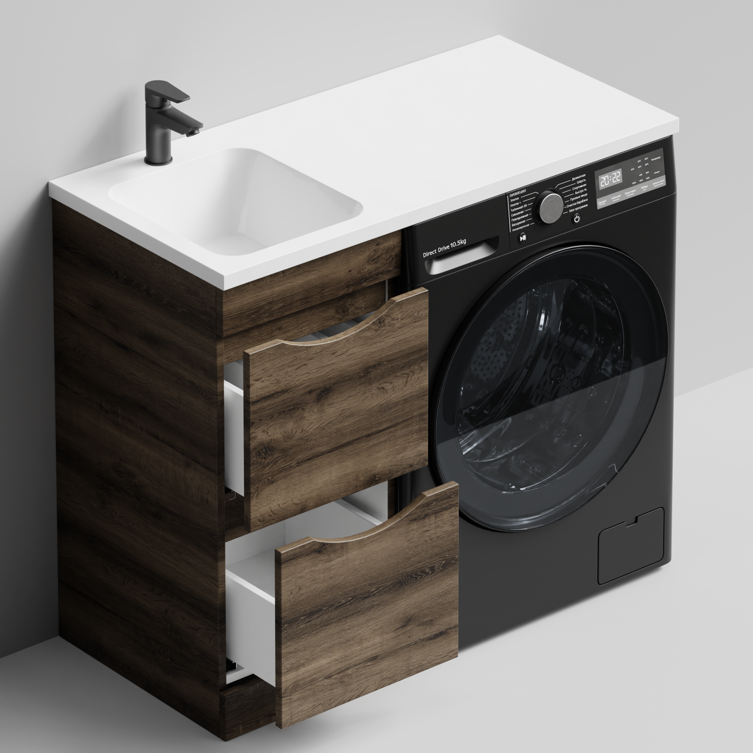 Тумба Vod-ok 38 с раковиной Смайл 100 напольная, под стиральную машину, левая, Дуб крымский коричневый