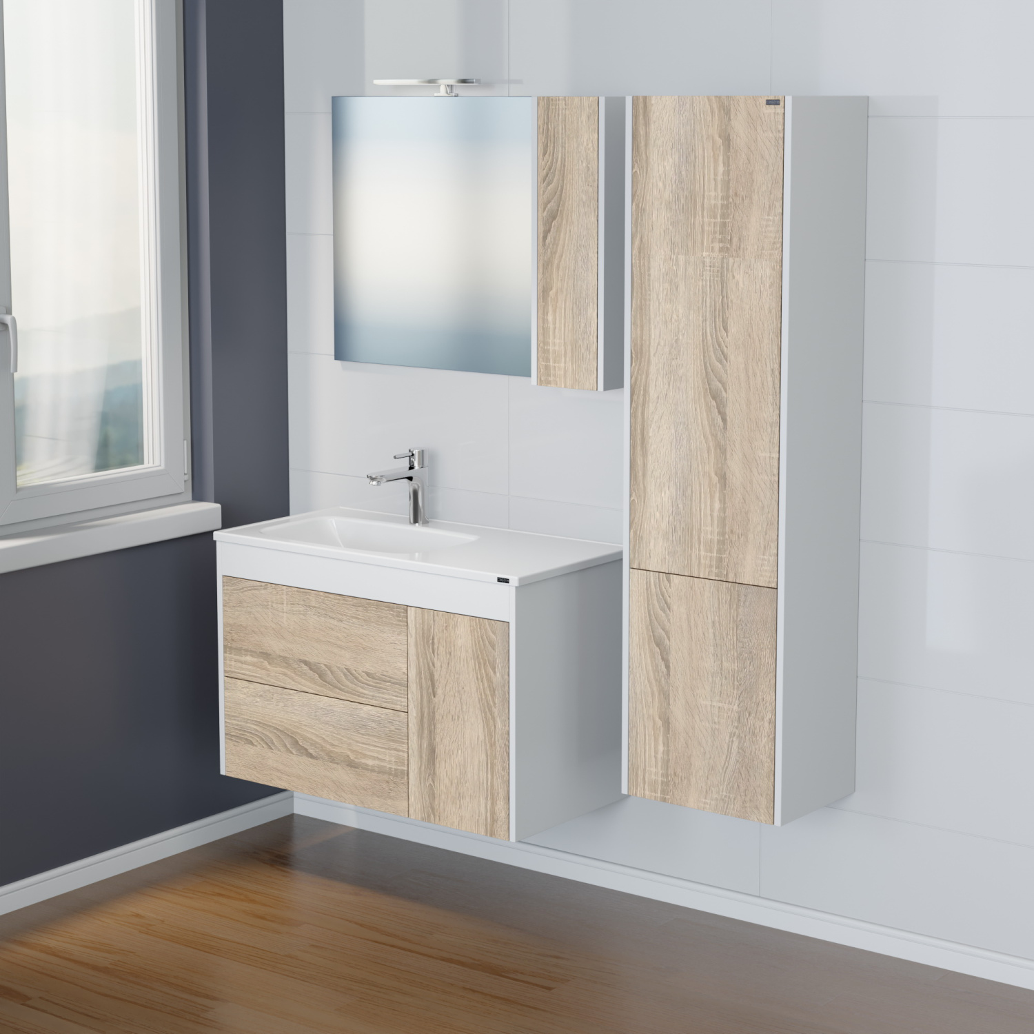 Зеркало со шкафчиком Санта Меркурий 90 L/R свет, универсальное, янтарный/белый матовый