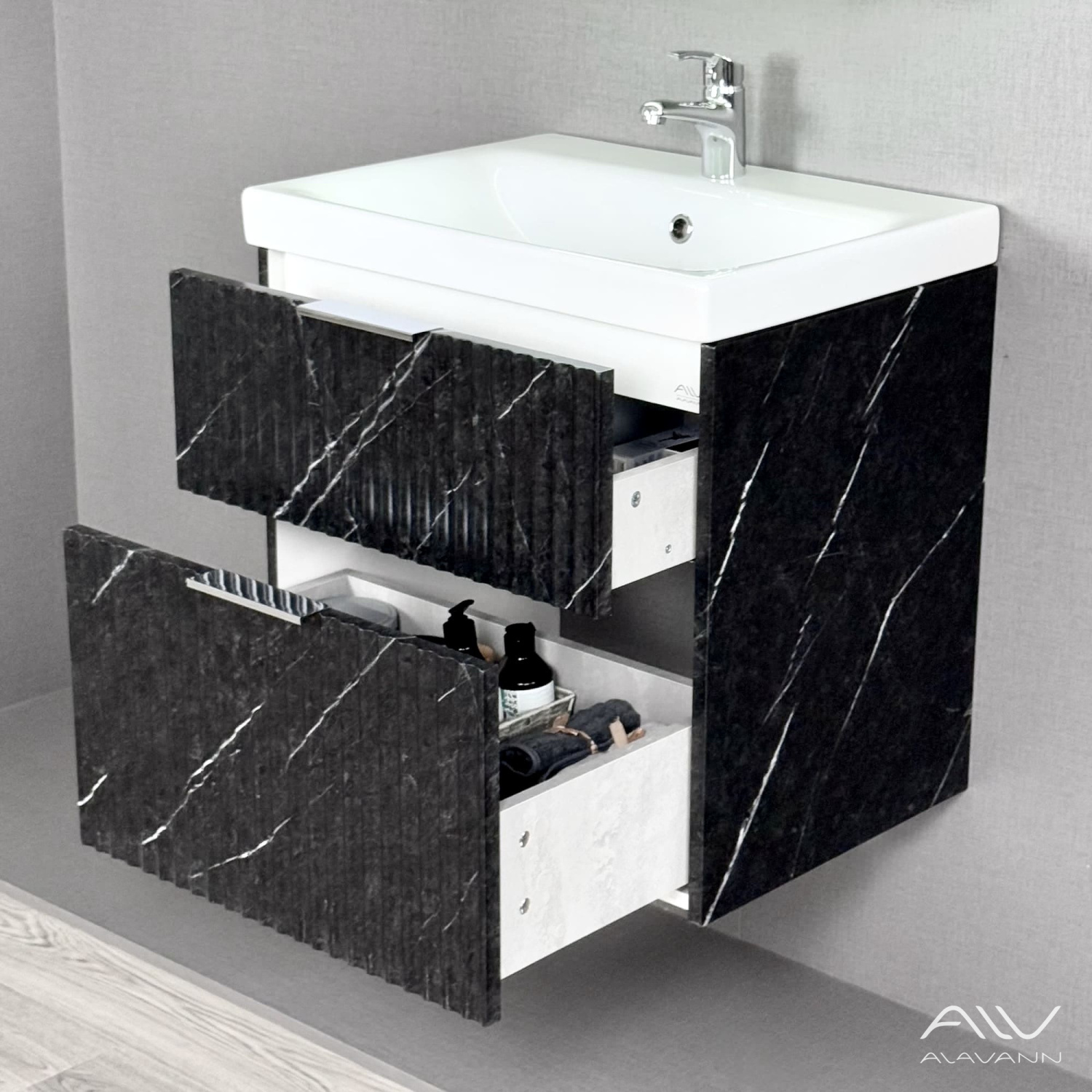 Тумба подвесная Alavann Anna 60 с раковиной Moduo 60, черный мрамор