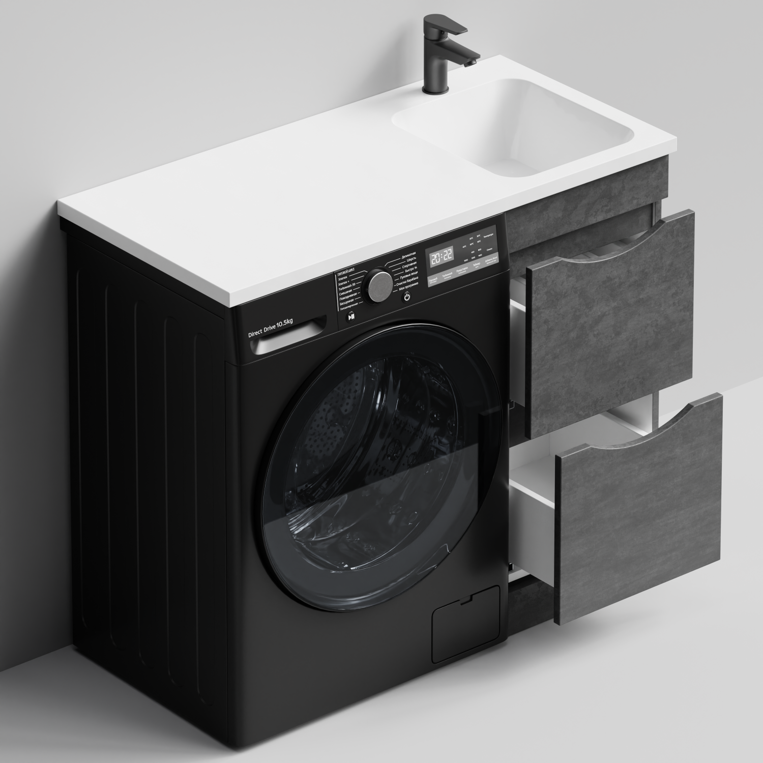 Тумба Vod-ok 38 с раковиной Смайл 100 напольная, под стиральную машину, правая, Серый камень