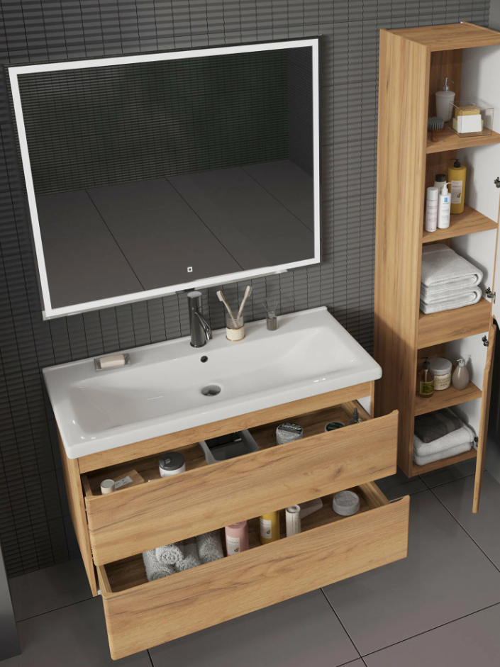 Тумба подвесная SanStar Riana 100 с раковиной Фостер 100, gold kraft