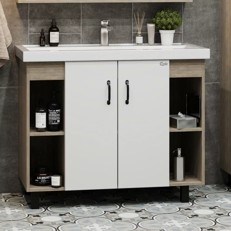 Тумба с раковиной Onika Тимбер 100 напольная, белый матовый/дуб сонома