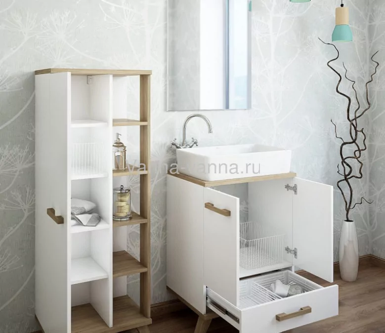 Пенал Sanflor Ингрид 50 R напольный, с открытой полкой, белый матовый, швейцарский вяз от магазина Vanna-Vanna.ru!