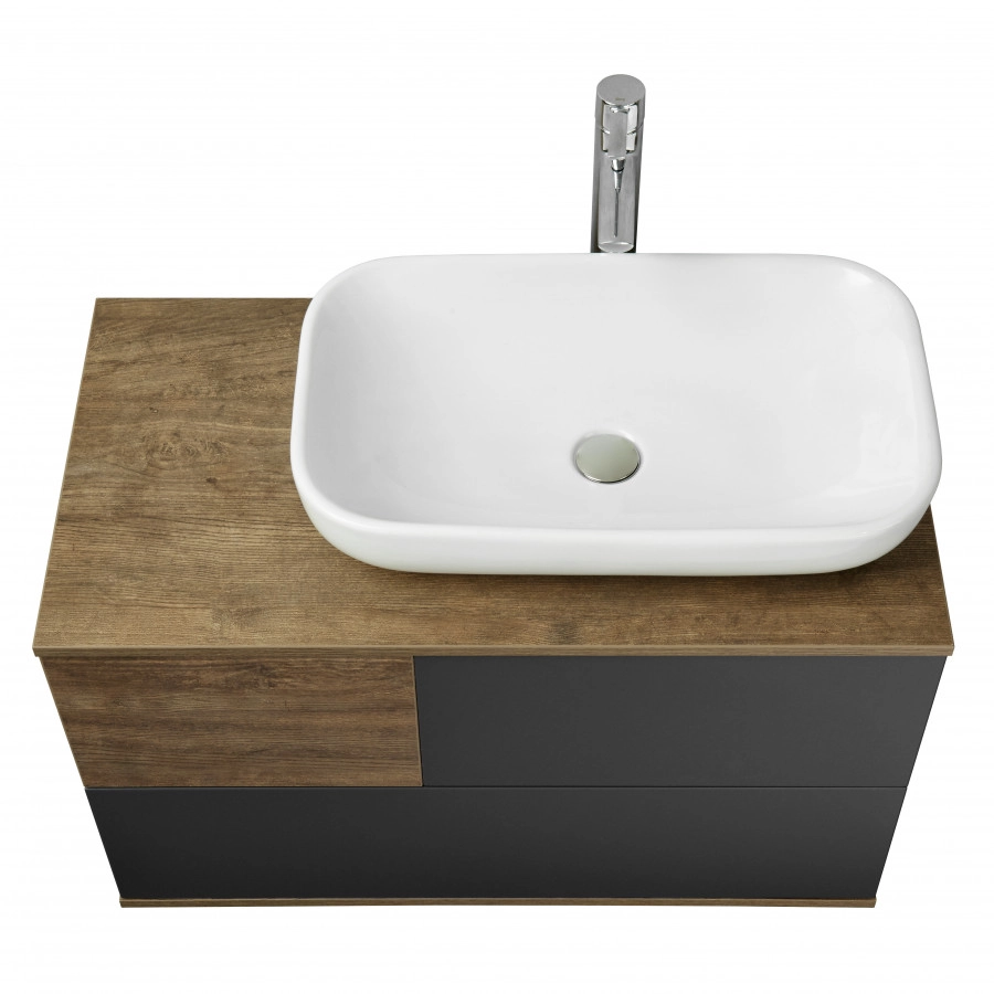 Тумба подвесная Aquaton Терра 85 с раковиной Лола 60, дуб кантри, антрацит, графит