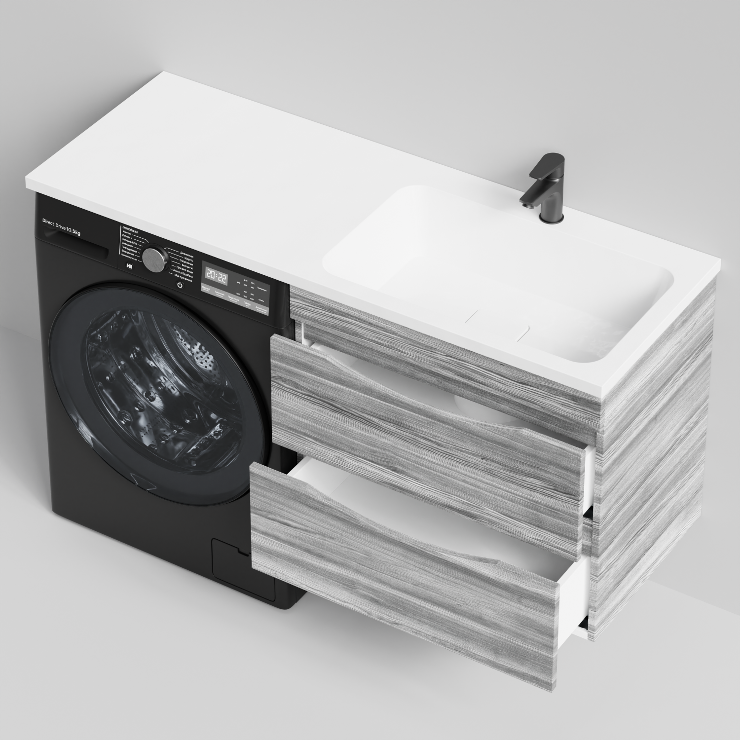 Тумба Vod-ok 68 с раковиной Смайл 130 подвесная, под стиральную машину, правая, Лиственница структурная контрастно-серая