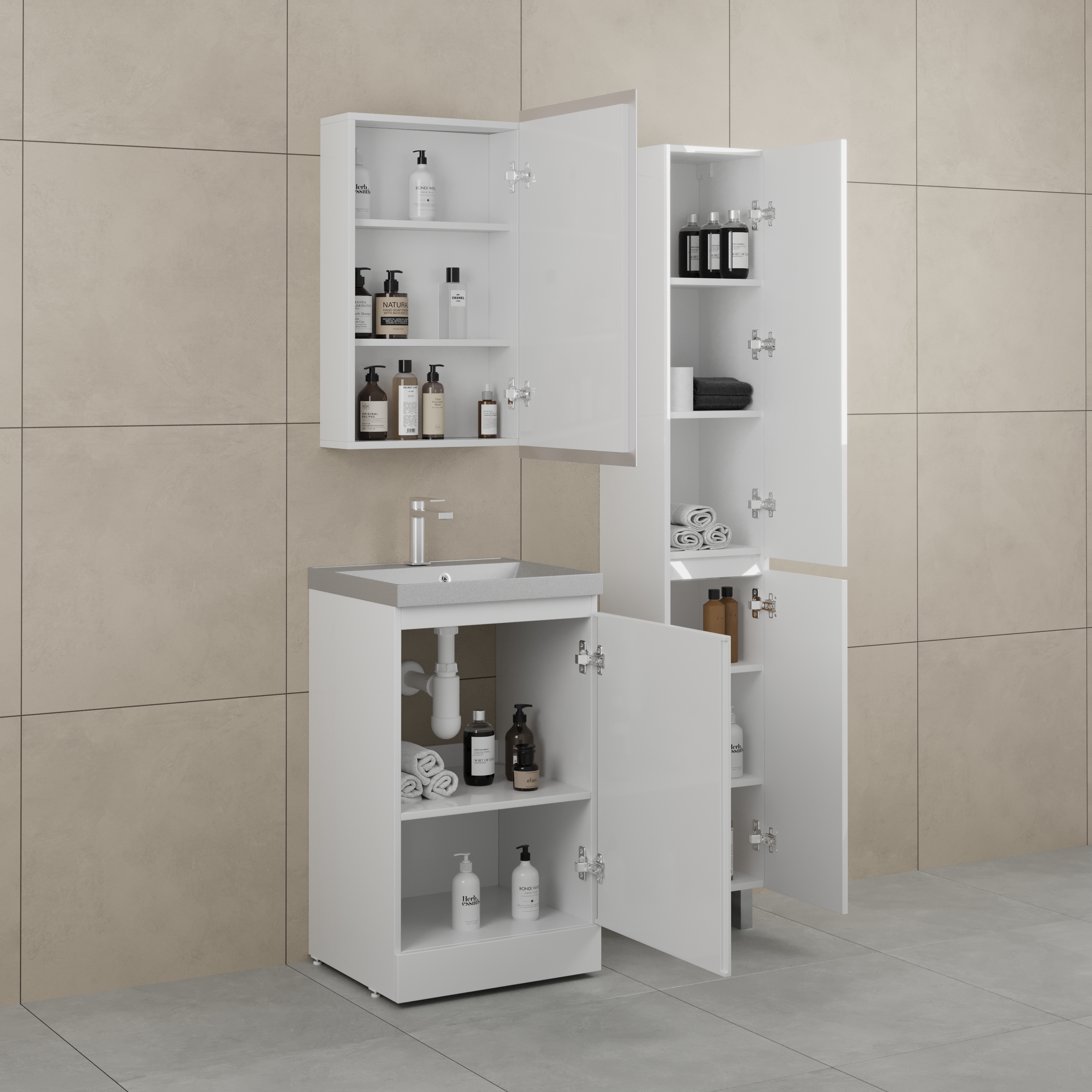 Тумба напольная Style Line Батлер 50 с раковиной Asti 50 серый шелк, антискрейтч белый глянец