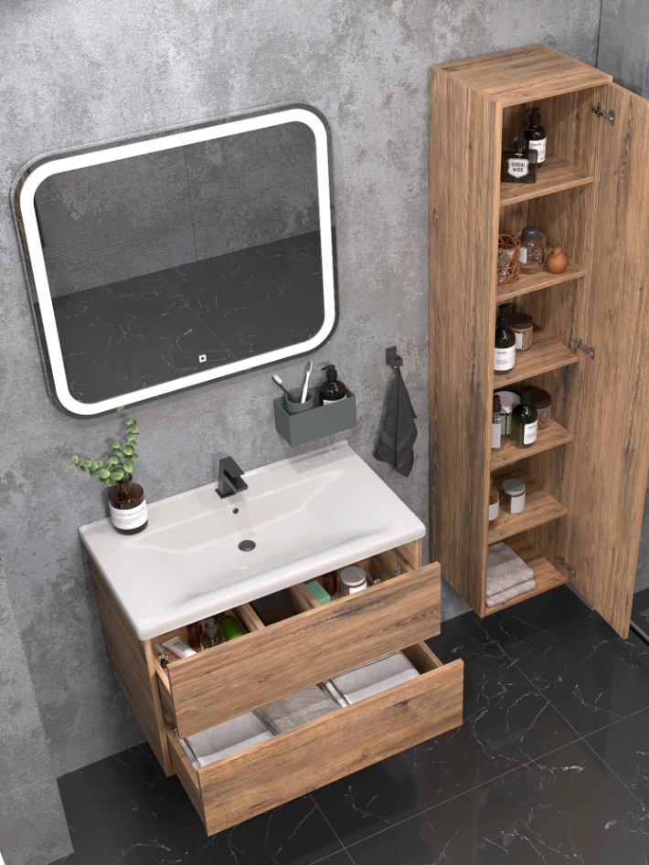 Тумба подвесная SanStar Siva 80 с раковиной Como 80 Дуб веллингтон табак