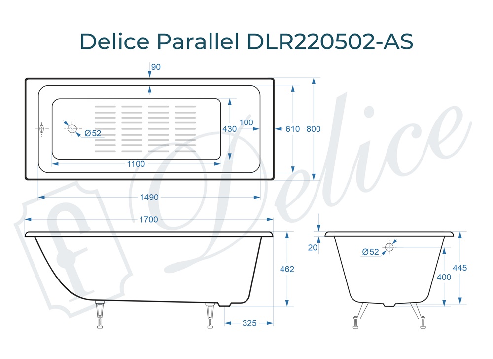 Ванна чугунная Delice Parallel 170х80 DLR220502-AS с антискользящим покрытием