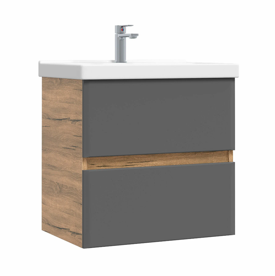 Тумба подвесная SanStar Graffa 60 с раковиной Фостер 60 Дуб вотан, графит софт