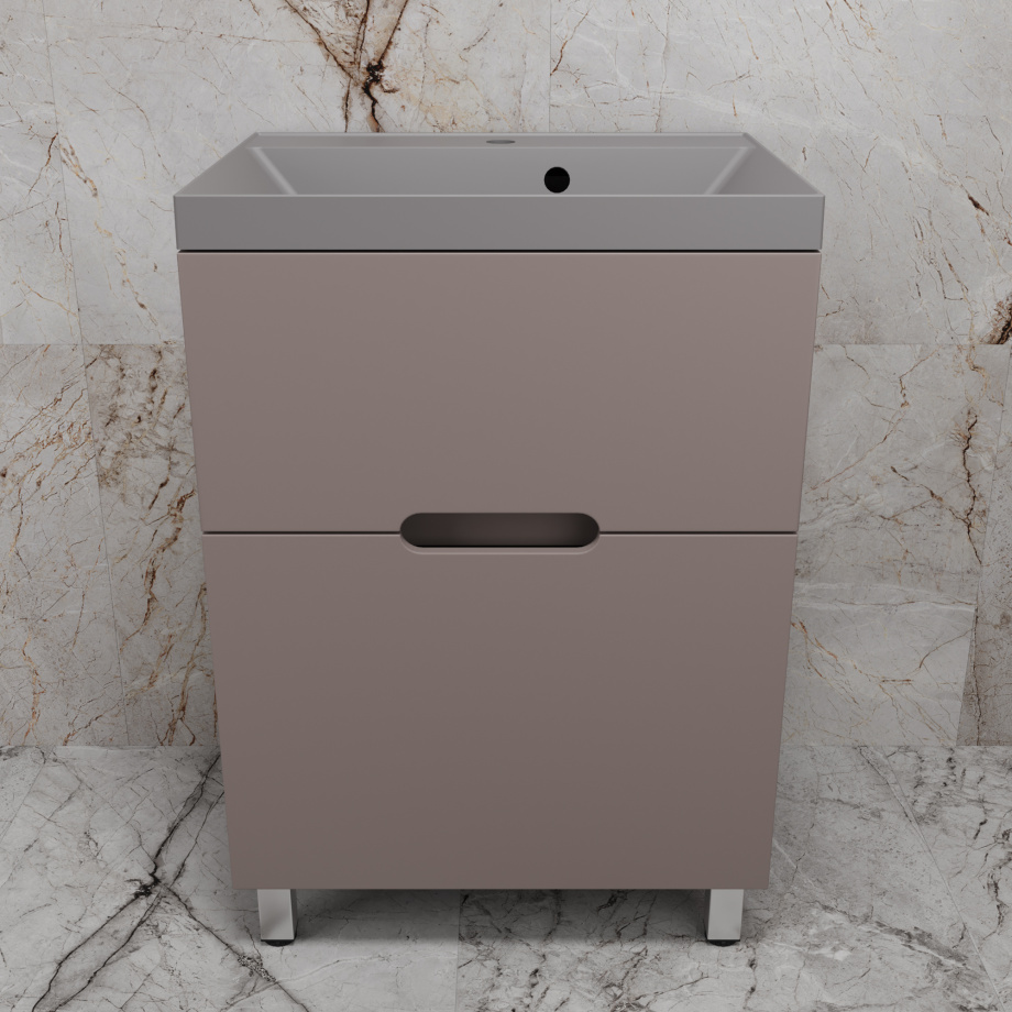 Тумба напольная Style Line "Матис 60" с раковиной ASTI 60 кварц, серый шелк, (2 ящика), Тауп темный