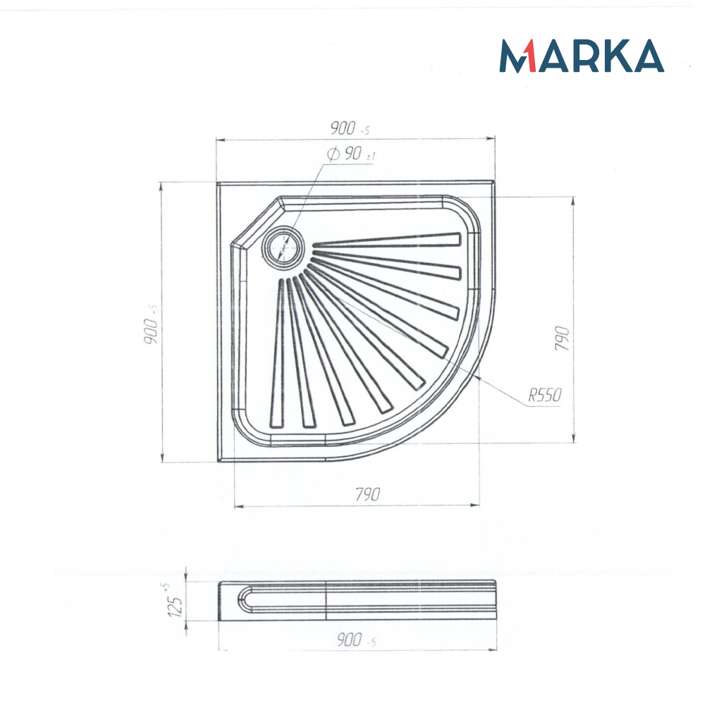 Поддон 1Marka Tondo 1/4 90*90 комплект с сифоном