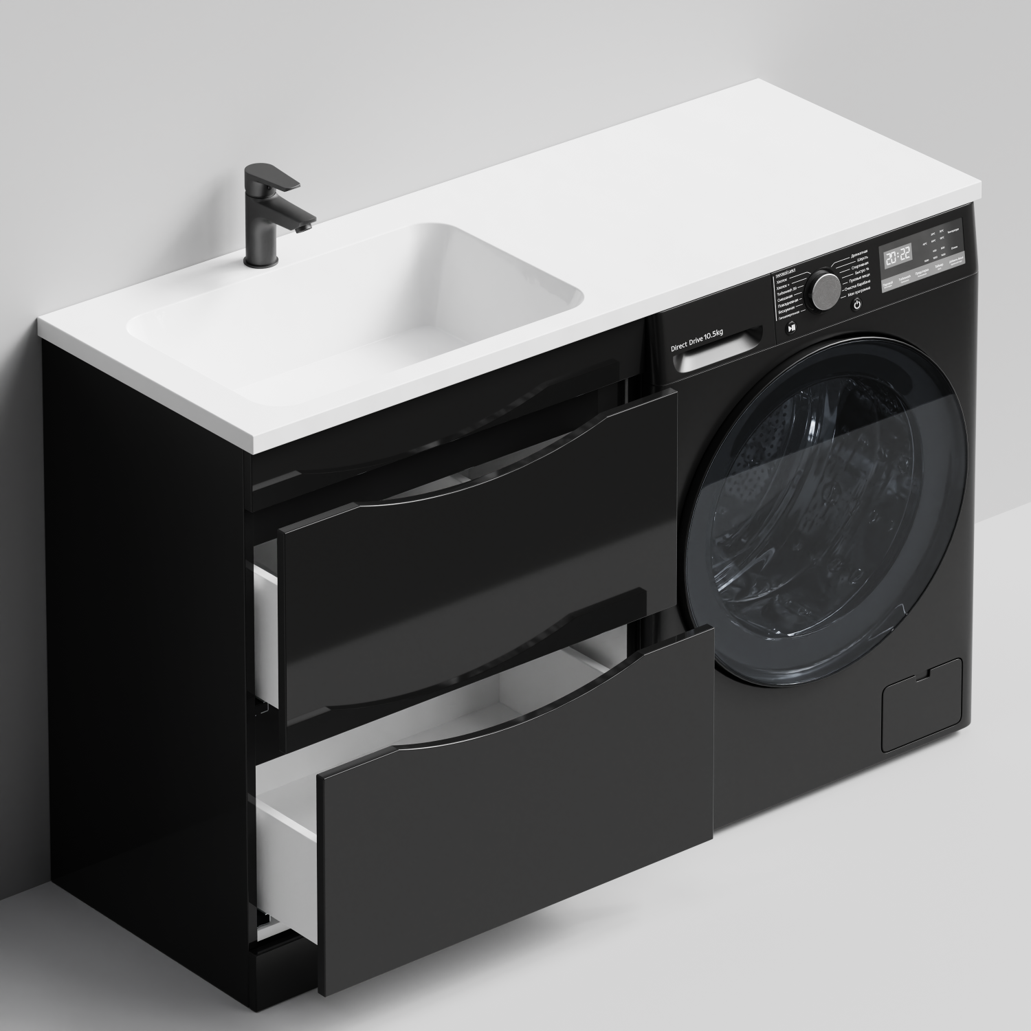 Тумба Vod-ok 68 с раковиной Смайл 130 напольная, под стиральную машину, левая, черный глянец